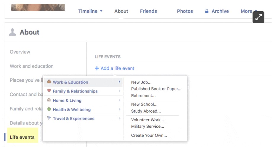 Home Improvement Marketing Strategy — 6 Proven Tips To Grow Your Business 3 Facebook interface showing life event options for ad targeting such as new job, retirement, or moving—valuable for personalizing a home improvement marketing strategy.