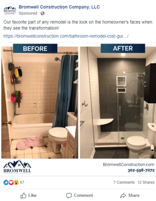 Home Improvement Marketing Strategy — 6 Proven Tips To Grow Your Business 6 Facebook post of before and after bathroom remodel