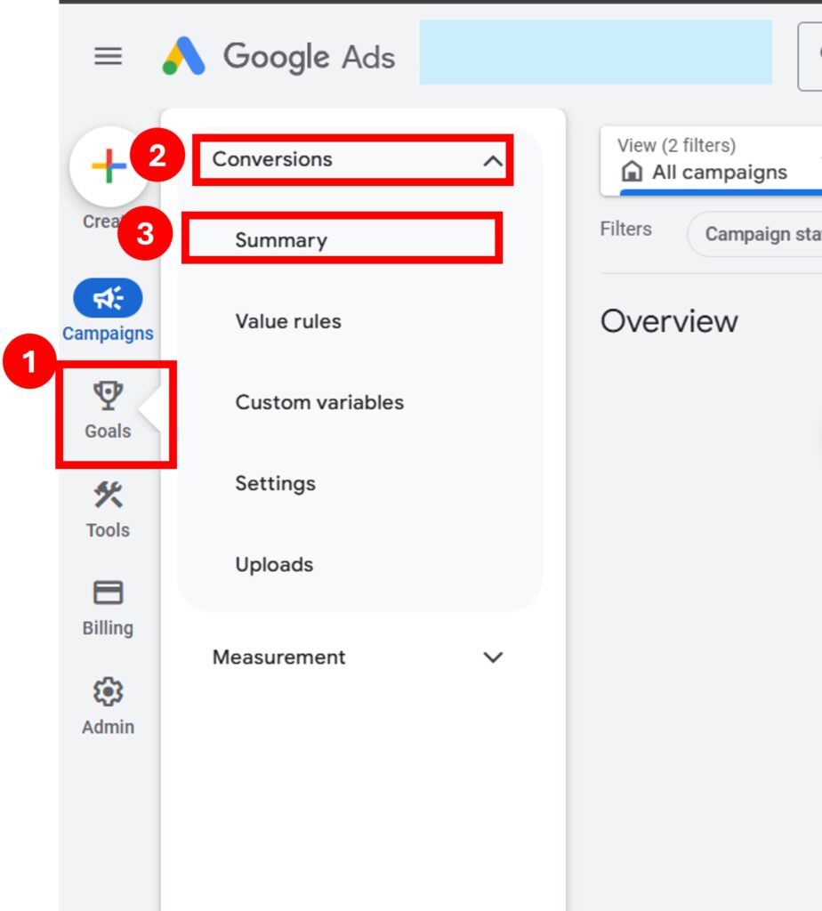 Google ads interface showing how to access conversion goals, guiding users on how you measure results in home services marketing through structured campaign tracking