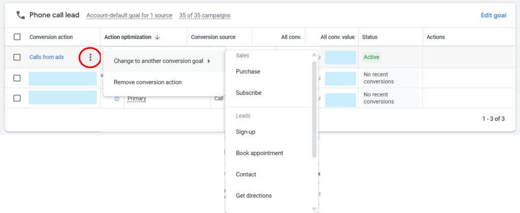Google ads settings showing options to change conversion goal, demonstrating how you measure results in home services marketing by customizing lead actions like bookings or contacts