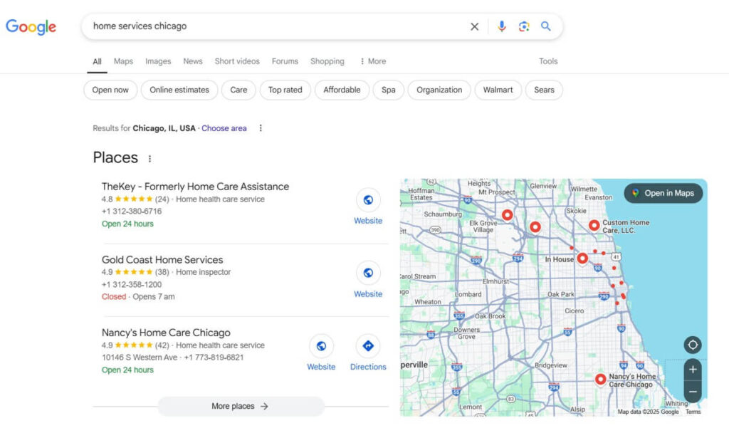 How To Start A Home Services Business In 7 Steps (Without Burning Cash Or Time) 6 Google search results page for home services chicago showing top local listings alongside a map with business locations helpful when learning how to start a home services business