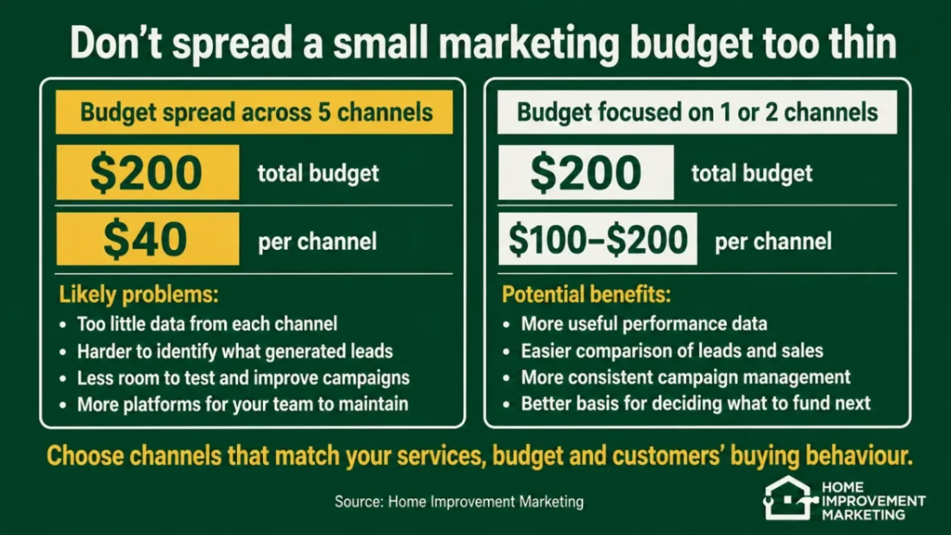 Comparison infographic demonstrating why contractors should focus small marketing budgets on 1 or 2 channels rather than spreading thin