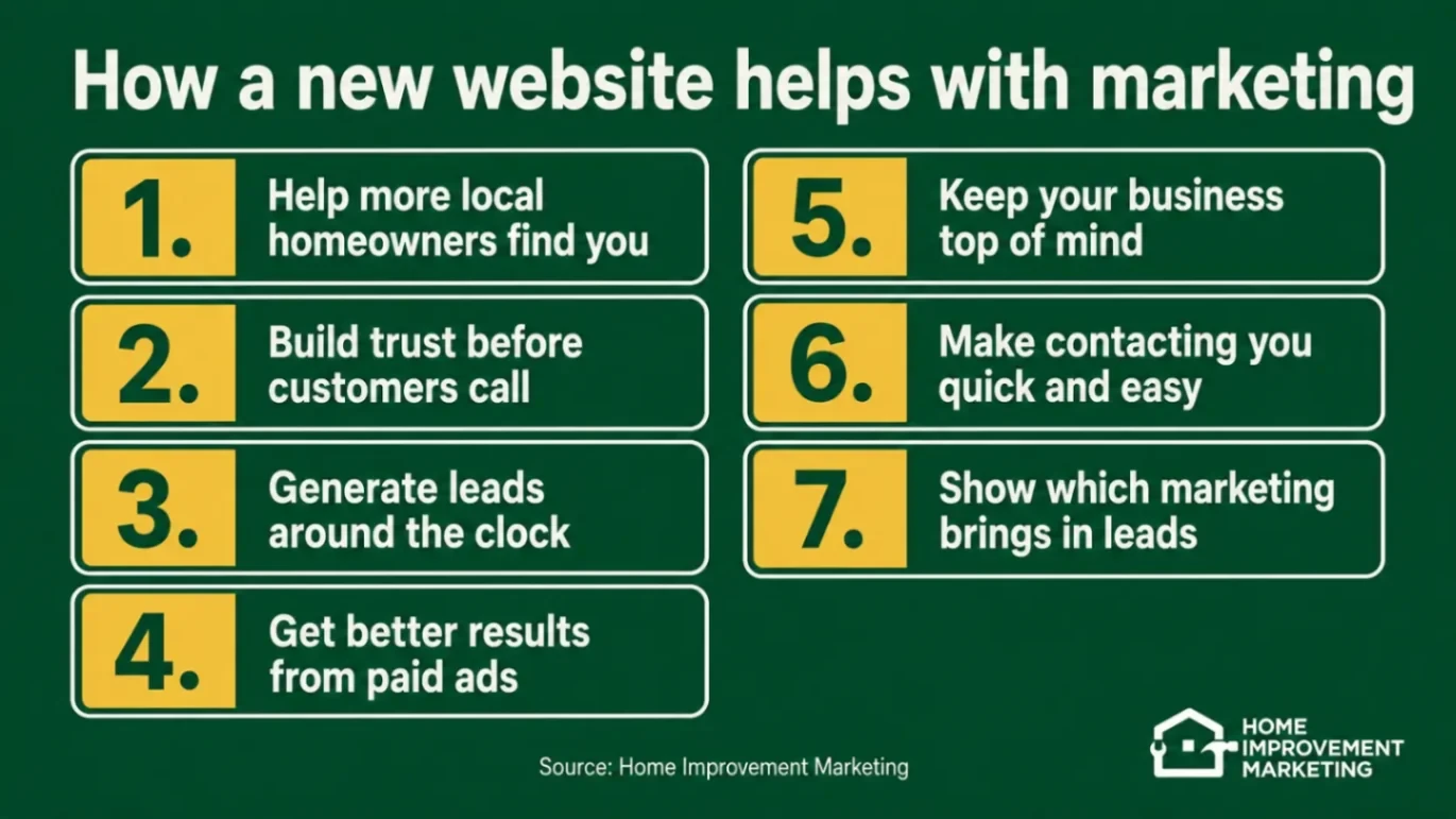 Infographic detailing how a new website helps home improvement businesses with marketing and lead generation