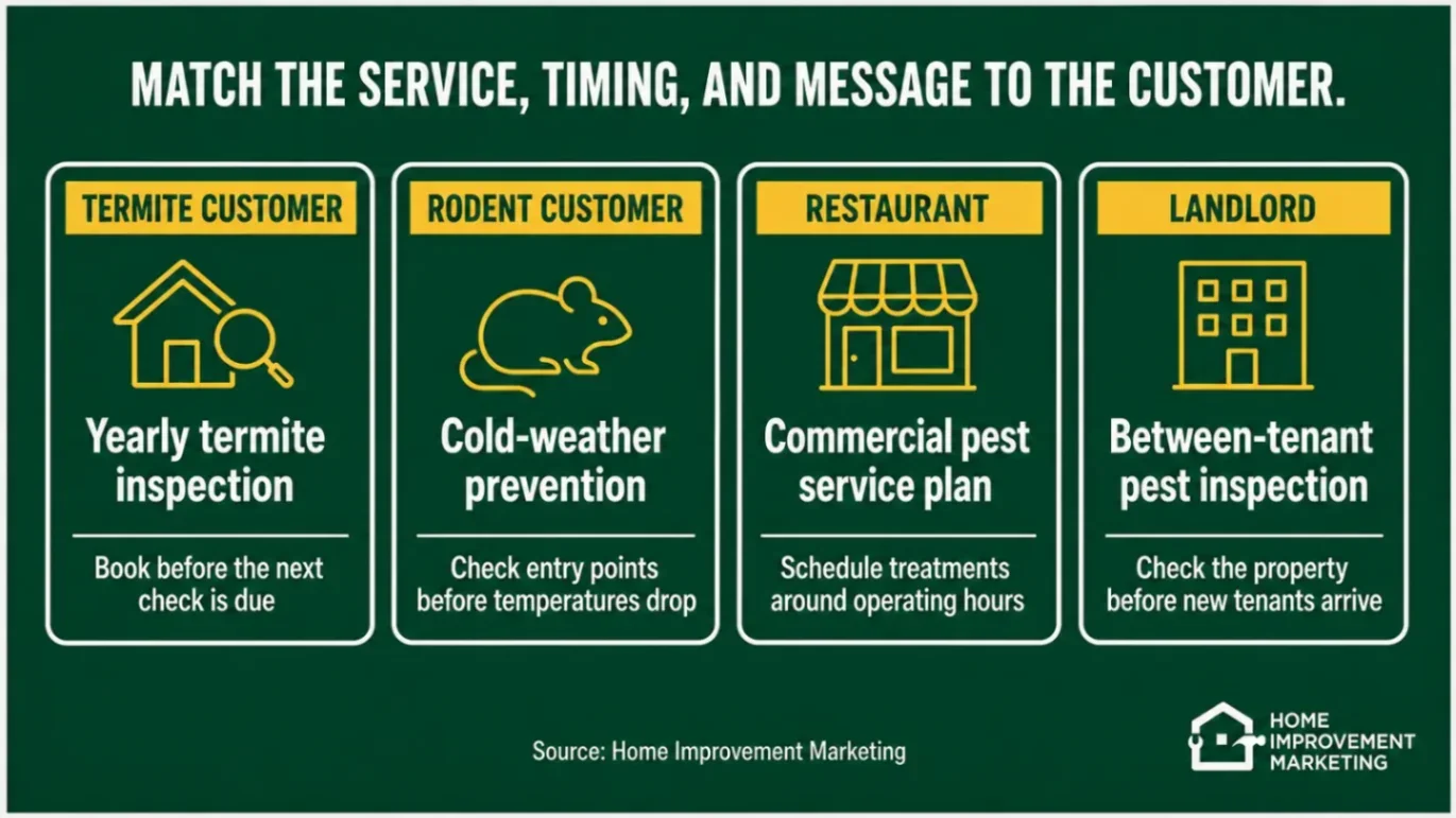 Infographic illustrating how to match pest services, seasonal timing, and tailored messaging to customer segments
