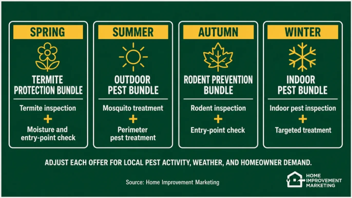 Infographic showcasing seasonal pest control offer bundles across spring, summer, autumn, and winter