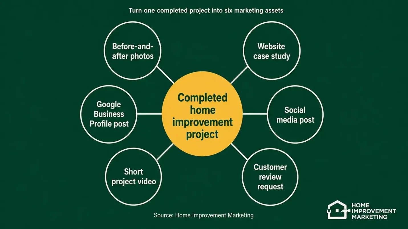 Graphic showing how to turn one completed home improvement project into six marketing assets