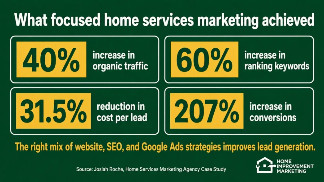 Case study metrics highlighting 40% organic traffic growth, 60% keyword rise, 31.5% CPL reduction, and 207% conversion increase