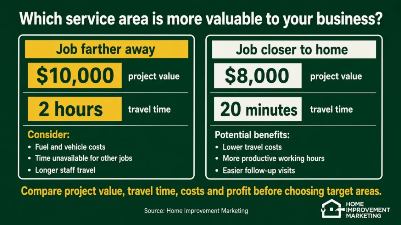 Comparison chart analyzing job value versus travel time and operational costs across service areas